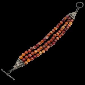 Carnelian Agate Stone 3 Row Vintage Toggle Bracelet